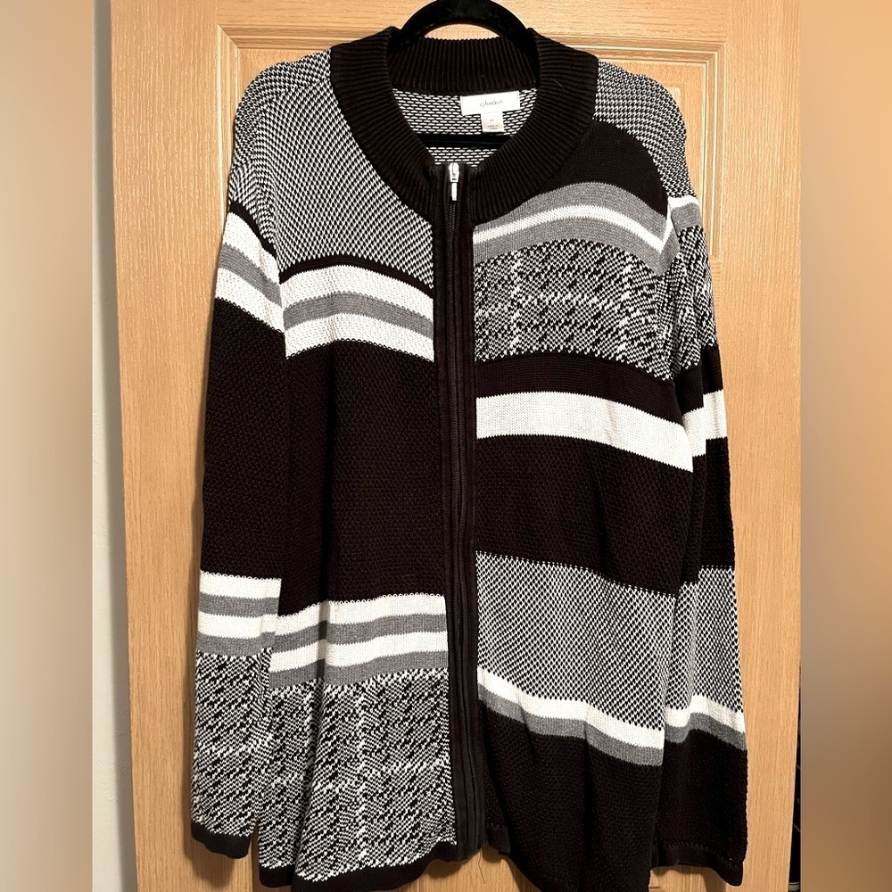 CJ Banks Black and White Zip Up Sweater